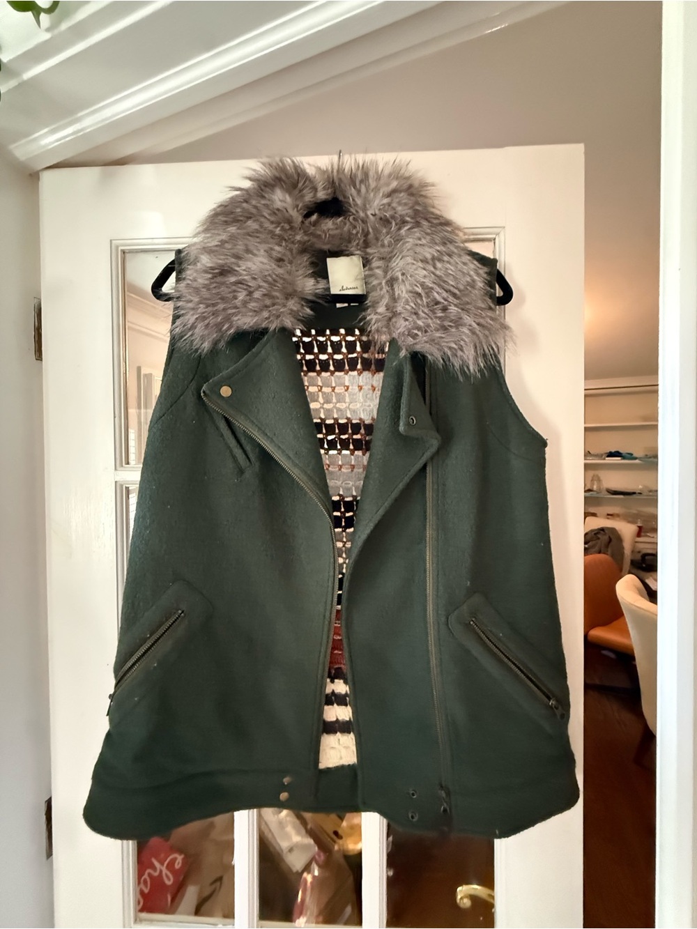 elevenses Dark Green Wool-Blend Vest with Faux Fur Collar